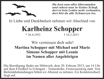 Traueranzeige von Karlheinz Schopper von Pegnitz-Zeitung